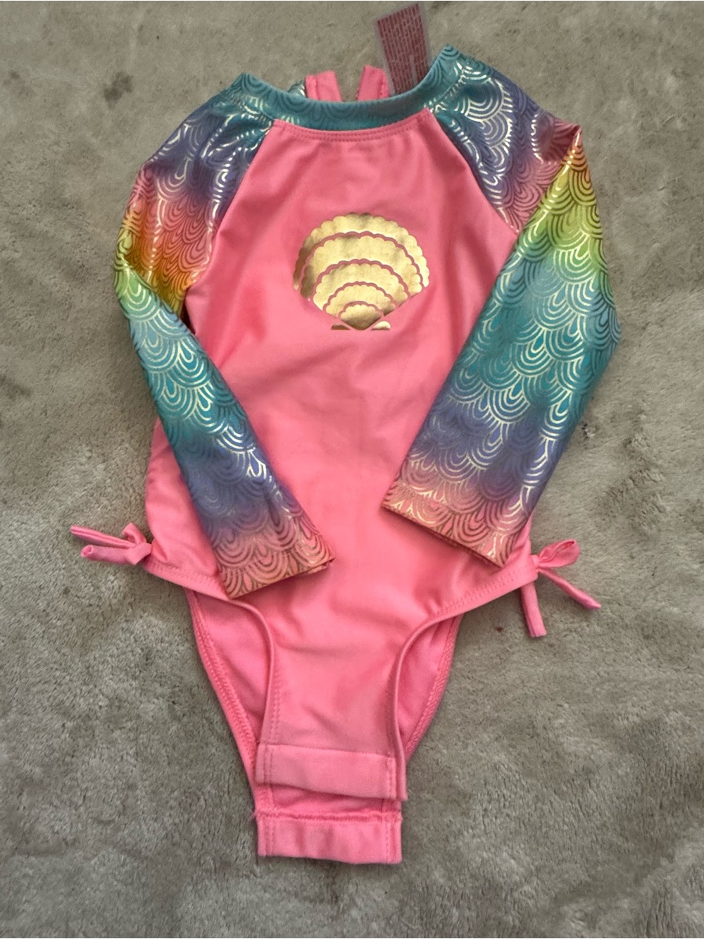 Girls Pink Mermaid Shell Long-Sleeve One-Piece Swimsuit